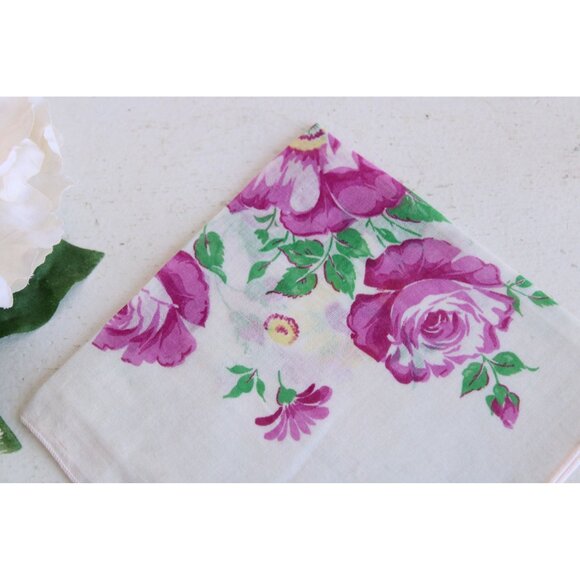 Vintage 1950s Cotton Handkerchief Floral Print, Pink Purple Roses Hankie - Picture 3 of 10